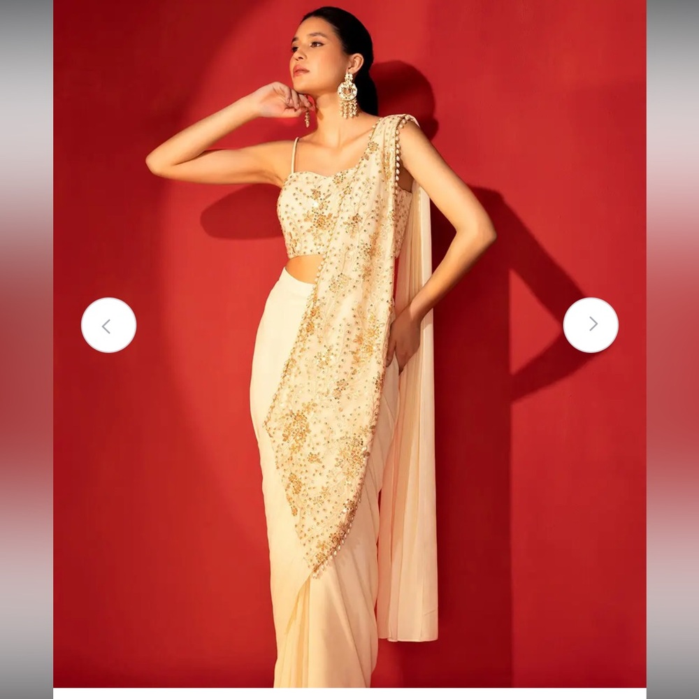 Ivory sequin embroidered pre stitched saree with embroidered blouse